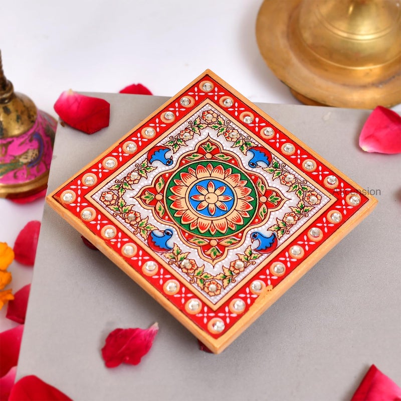ascension Ganesh Ji Chowki for Puja Handcrafted Marble Pooja Chowki for God White Puja Chowki Painted with Peacock Kalash Design Meenakari Work Puja Chowki Idols Sitting - Image 1