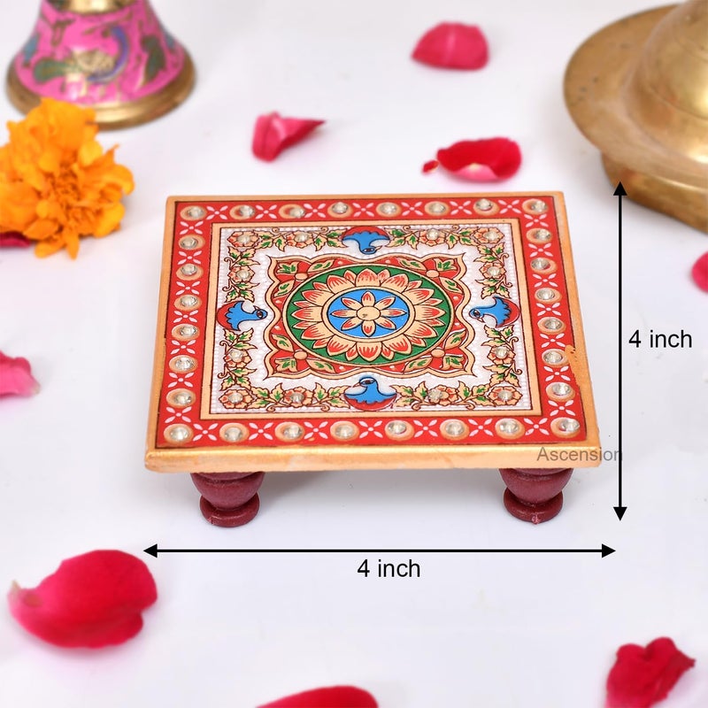 ascension Ganesh Ji Chowki for Puja Handcrafted Marble Pooja Chowki for God White Puja Chowki Painted with Peacock Kalash Design Meenakari Work Puja Chowki Idols Sitting - Image 4