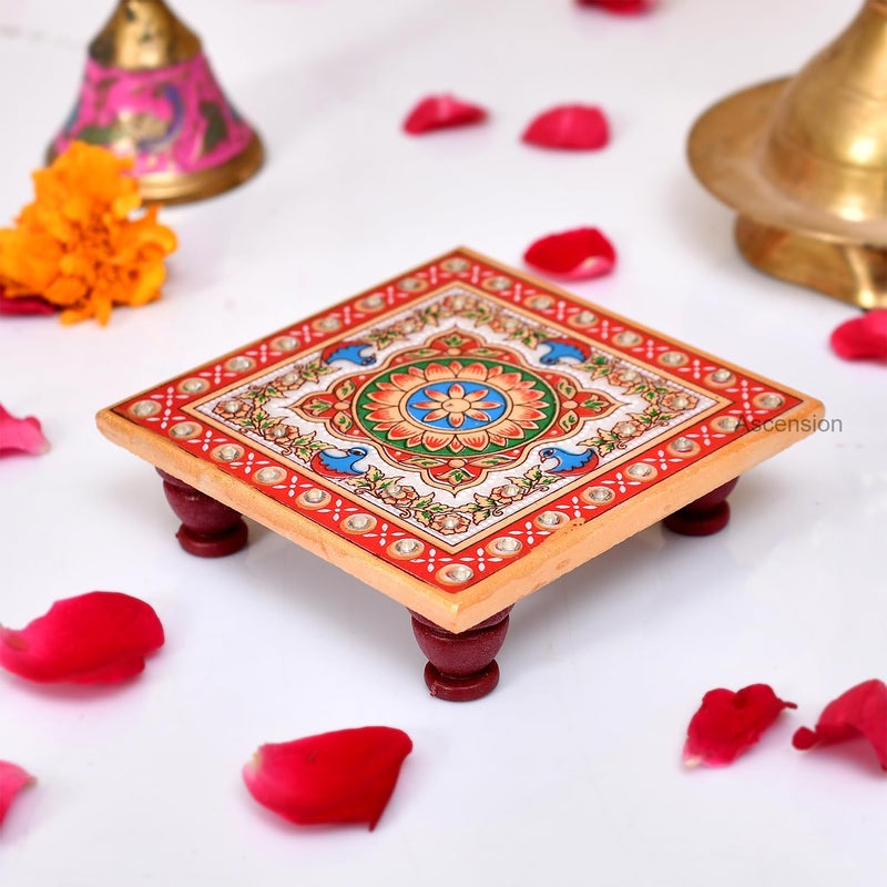 ascension Ganesh Ji Chowki for Puja Handcrafted Marble Pooja Chowki for God White Puja Chowki Painted with Peacock Kalash Design Meenakari Work Puja Chowki Idols Sitting - Image 2