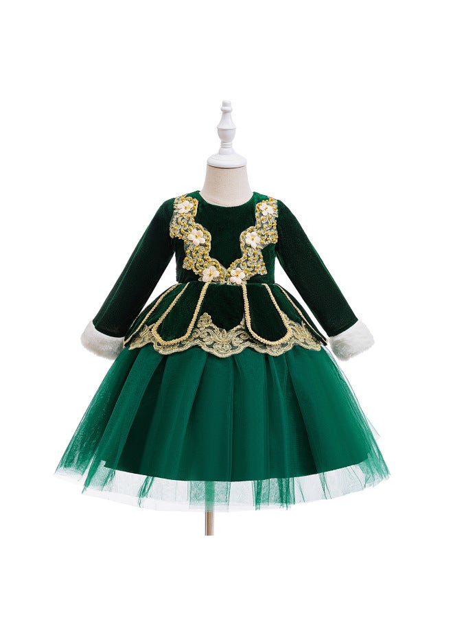 Dress Long-sleeved Velvet Princess Dress Party Performance Dress Green Embroidered Tutu Dress Children's Christmas Dress