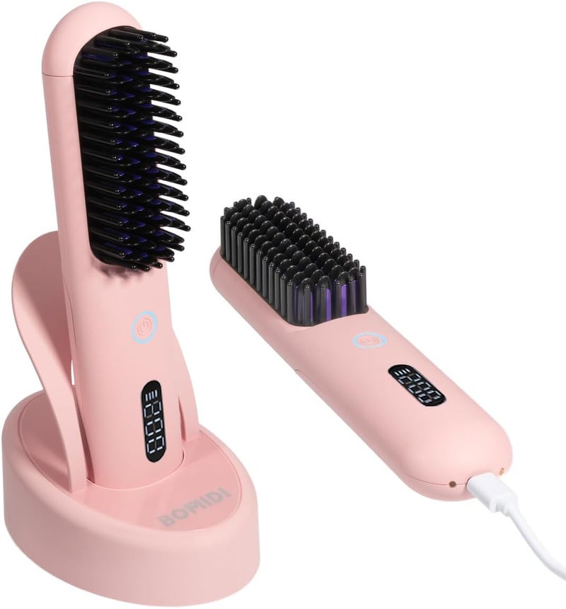 BOMIDI Cordless Hair Straightener Brush with Detachable for Easy Clean, 200M Negative Ions, 6-Speed Smart Temp Control and Type-C/Base Dual Charging, Travel-Friendly Styling Tool - Pink - Image 1