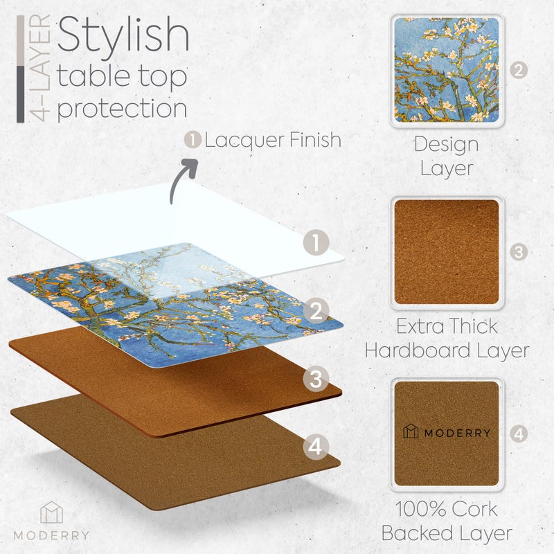 Moderry Set of 4 Heat Resistant Cork Placemats for Dining Table with Free Set of 4 Matching Drink Coasters Van Gough Blue Botanical Design 16 x 12 Inches Cork Backed Hard Placemats (Almond Blossoms) - Image 3
