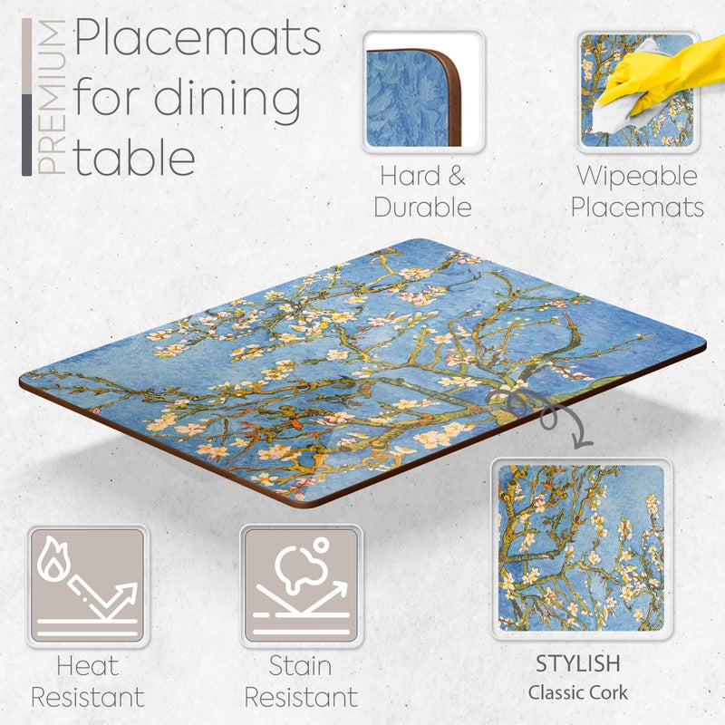 Moderry Set of 4 Heat Resistant Cork Placemats for Dining Table with Free Set of 4 Matching Drink Coasters Van Gough Blue Botanical Design 16 x 12 Inches Cork Backed Hard Placemats (Almond Blossoms) - Image 2