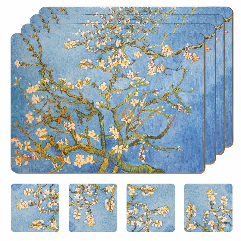 Moderry Set of 4 Heat Resistant Cork Placemats for Dining Table with Free Set of 4 Matching Drink Coasters Van Gough Blue Botanical Design 16 x 12 Inches Cork Backed Hard Placemats (Almond Blossoms) - Image 1
