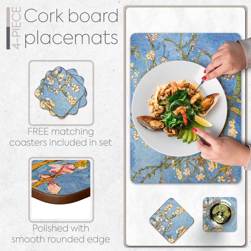Moderry Set of 4 Heat Resistant Cork Placemats for Dining Table with Free Set of 4 Matching Drink Coasters Van Gough Blue Botanical Design 16 x 12 Inches Cork Backed Hard Placemats (Almond Blossoms) - Image 4