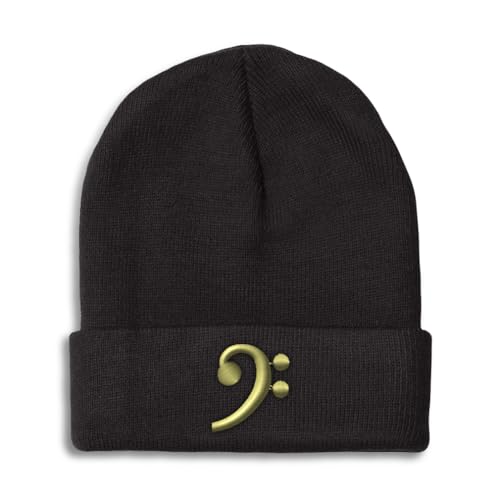Speedy Pros Beanies for Men Black Bass Clef Gold Embroidery Music Bass Clef Winter Hats for Women Acrylic Skull Cap 1 Size Black Design Only - Image 1