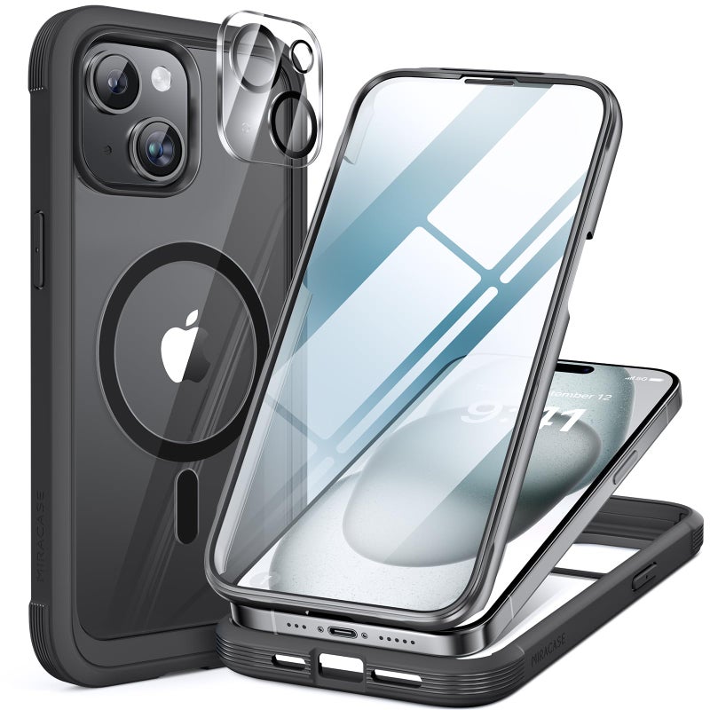 Miracase Glass Series for iPhone 15 Case [Compatible with MagSafe] Full-Body Magnetic Bumper Case with Built-in 9H Tempered Glass Anti-Fingerprint Screen Protector + Camera Lens Protector, Black - Image 1