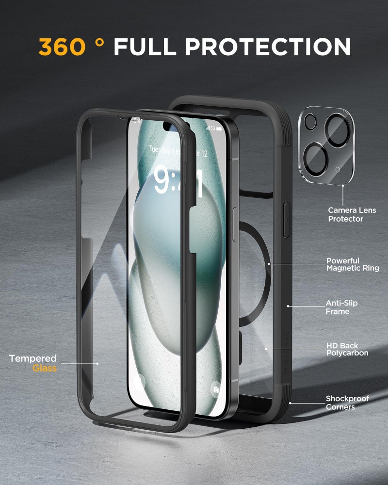 Miracase Glass Series for iPhone 15 Case [Compatible with MagSafe] Full-Body Magnetic Bumper Case with Built-in 9H Tempered Glass Anti-Fingerprint Screen Protector + Camera Lens Protector, Black - Image 2