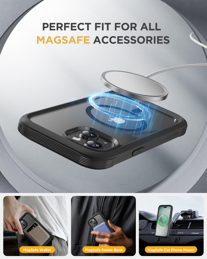 Miracase Glass Series for iPhone 15 Case [Compatible with MagSafe] Full-Body Magnetic Bumper Case with Built-in 9H Tempered Glass Anti-Fingerprint Screen Protector + Camera Lens Protector, Black - Image 3