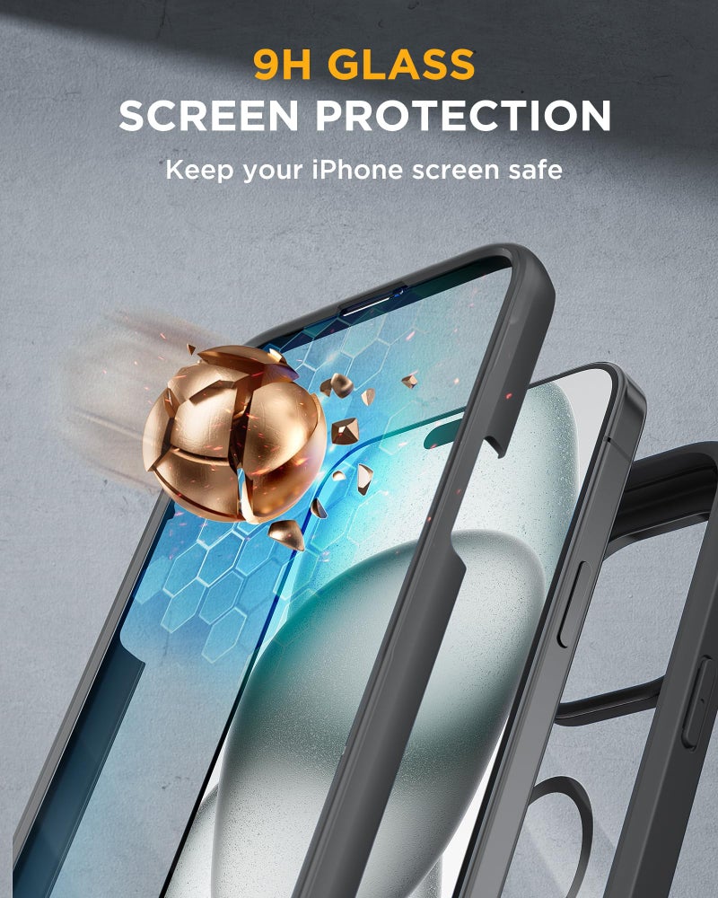 Miracase Glass Series for iPhone 15 Case [Compatible with MagSafe] Full-Body Magnetic Bumper Case with Built-in 9H Tempered Glass Anti-Fingerprint Screen Protector + Camera Lens Protector, Black - Image 5