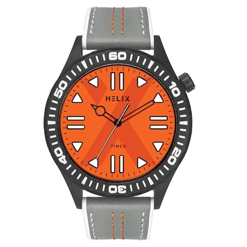 Helix by Timex Analog Watch for Man with Orange Round Dial & Grey Leather Strap Band Water Resistant Men's Wrist Watches - TW052HG06 - Image 1