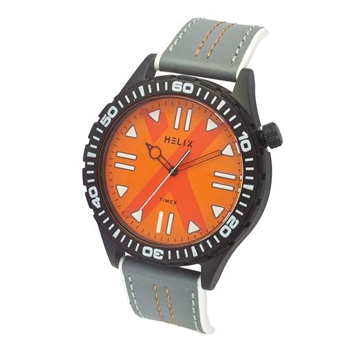 Helix by Timex Analog Watch for Man with Orange Round Dial & Grey Leather Strap Band Water Resistant Men's Wrist Watches - TW052HG06 - Image 2