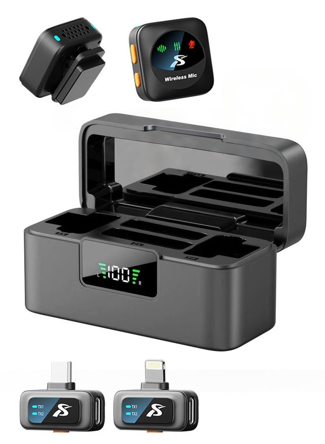 مكعب جي ميكروفون لاسلكي صغير الحجم لأجهزة iPhone/Android مزود بمنفذ Lightning/USB-C (2 TX + 2 RX + علبة شحن)، بتردد 2.4 جيجاهرتز، مزود بخاصية إلغاء الضوضاء، يُثبّت على طية الصدر لتسجيل الفيديو (Vlog). - Image 1