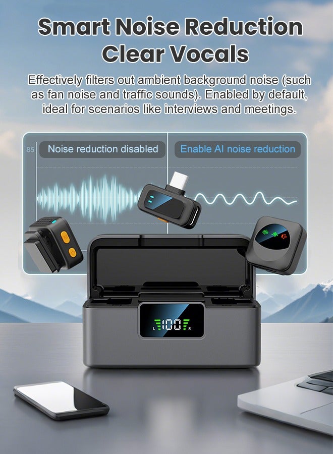 مكعب جي ميكروفون لاسلكي صغير الحجم لأجهزة iPhone/Android مزود بمنفذ Lightning/USB-C (2 TX + 2 RX + علبة شحن)، بتردد 2.4 جيجاهرتز، مزود بخاصية إلغاء الضوضاء، يُثبّت على طية الصدر لتسجيل الفيديو (Vlog). - Image 2