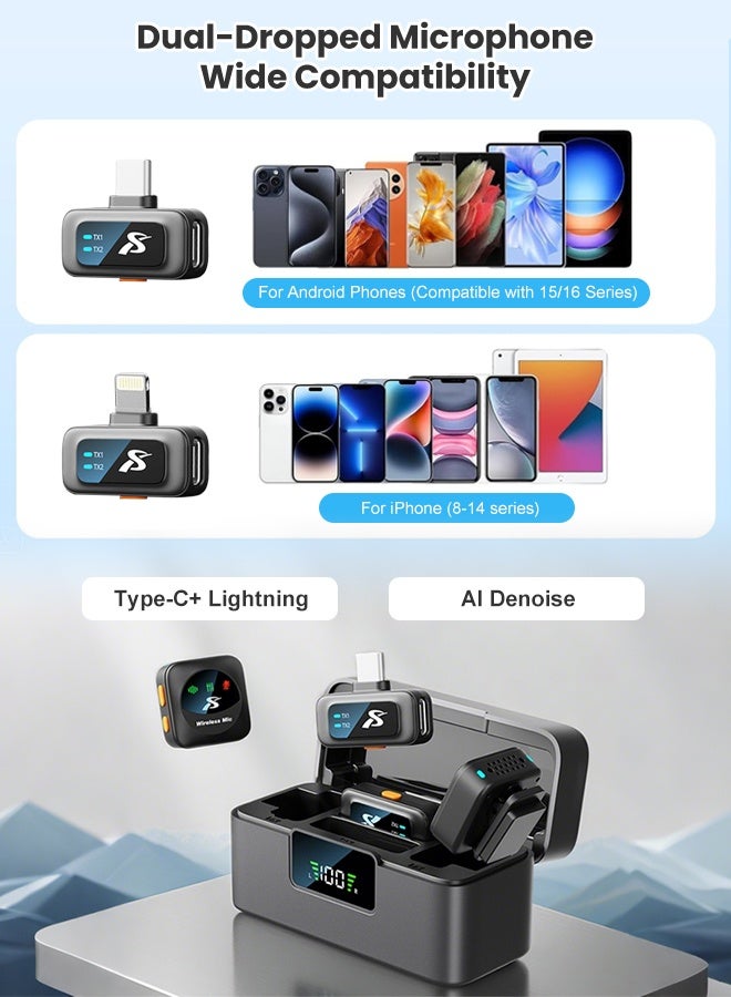 مكعب جي ميكروفون لاسلكي صغير الحجم لأجهزة iPhone/Android مزود بمنفذ Lightning/USB-C (2 TX + 2 RX + علبة شحن)، بتردد 2.4 جيجاهرتز، مزود بخاصية إلغاء الضوضاء، يُثبّت على طية الصدر لتسجيل الفيديو (Vlog). - Image 3