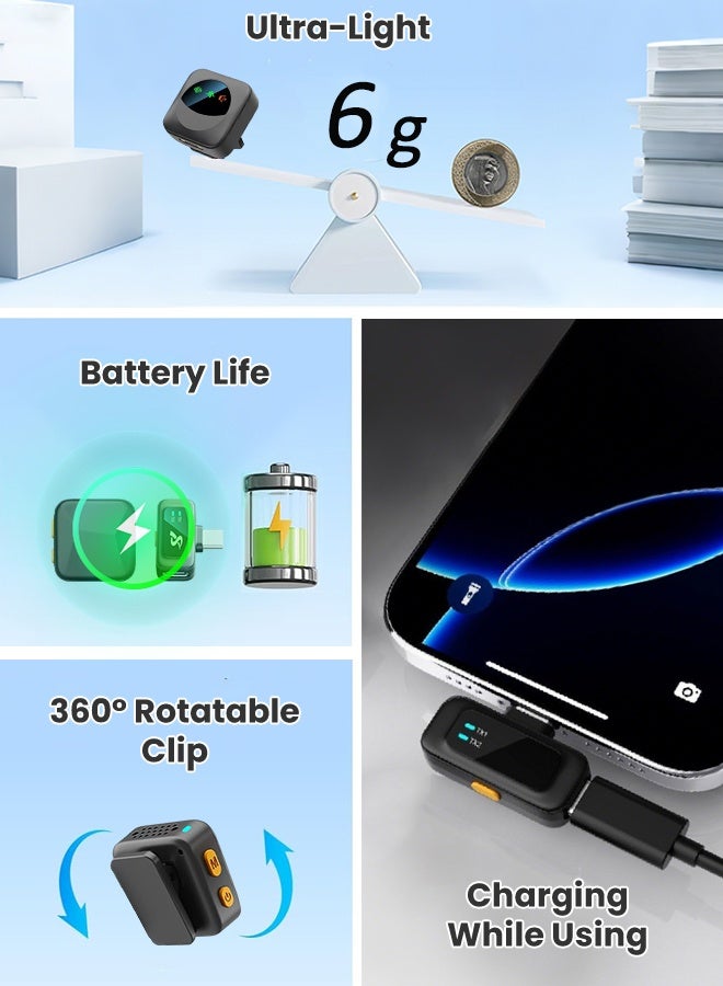 مكعب جي ميكروفون لاسلكي صغير الحجم لأجهزة iPhone/Android مزود بمنفذ Lightning/USB-C (2 TX + 2 RX + علبة شحن)، بتردد 2.4 جيجاهرتز، مزود بخاصية إلغاء الضوضاء، يُثبّت على طية الصدر لتسجيل الفيديو (Vlog). - Image 4