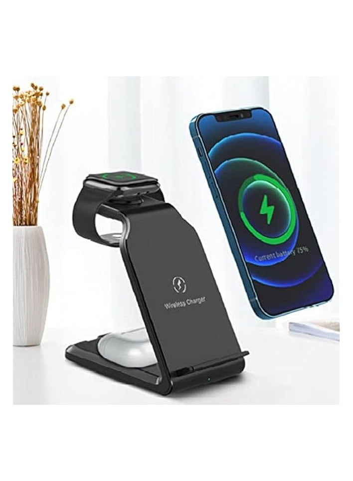 SHOWAY 15W Fast Wireless Charging Station, 3-in-1 for iPhone, Airpods, Watches and Other Devices Supporting QI Standard (Black) - Image 2