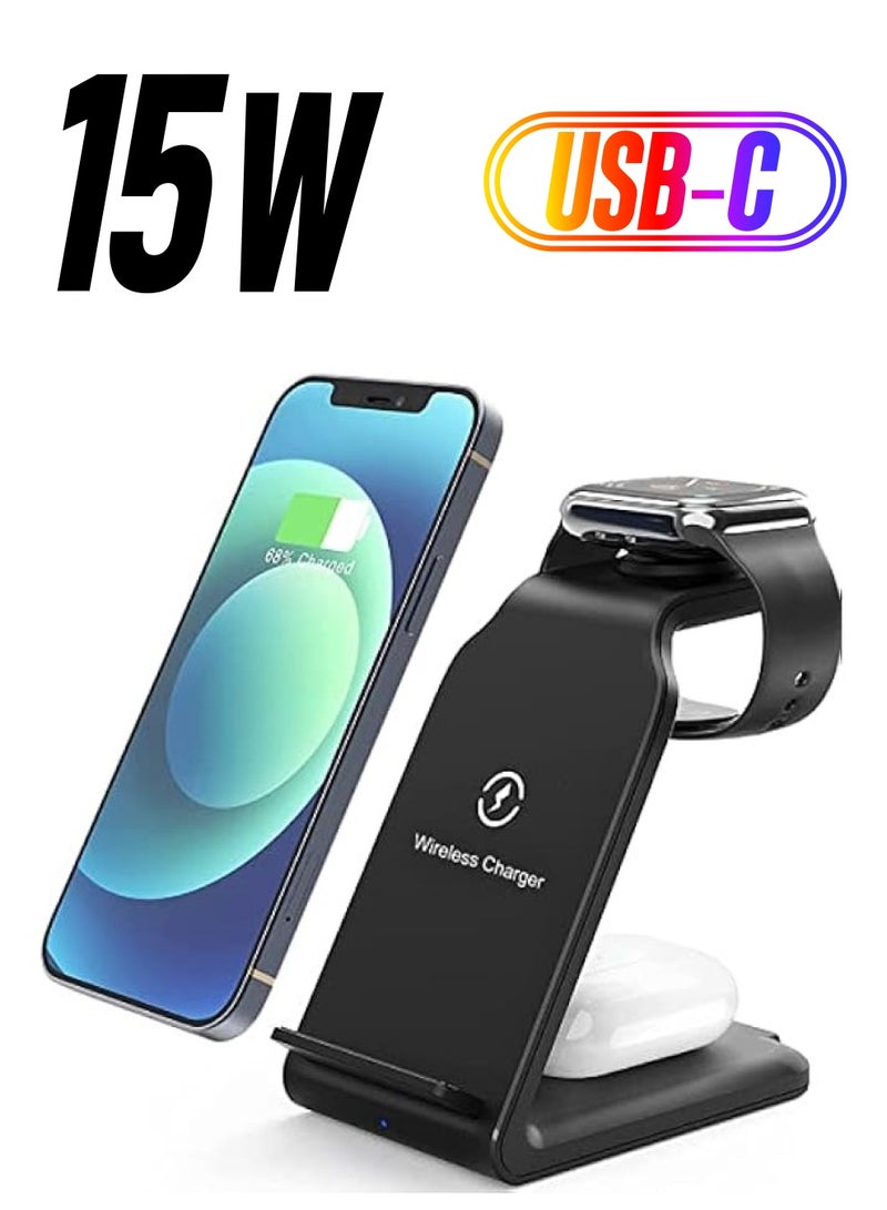 SHOWAY 15W Fast Wireless Charging Station, 3-in-1 for iPhone, Airpods, Watches and Other Devices Supporting QI Standard (Black) - Image 1