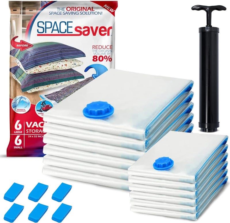Spacesaver 12 Pack Variety Vacuum Storage Bags for Comforters, Blankets & Clothes – Vacuum Sealed Compression Bags with Hand Pump – Space Saver Storage Bags for Bedding, Moving, Travel & Organization (6S & 6L) - Image 1