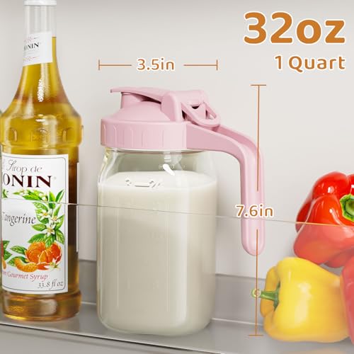 OneDream Breast Milk Pitcher, Mason Jar 32 oz, Heavy Duty Wide Mouth Jar with Pink Flip Cap Lid and Pour Spout, Airtight Seal for Freshness and Convenience, Great for Cold Beverages and Home Entertaining - Image 2