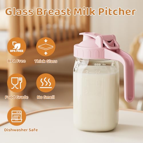 OneDream Breast Milk Pitcher, Mason Jar 32 oz, Heavy Duty Wide Mouth Jar with Pink Flip Cap Lid and Pour Spout, Airtight Seal for Freshness and Convenience, Great for Cold Beverages and Home Entertaining - Image 5