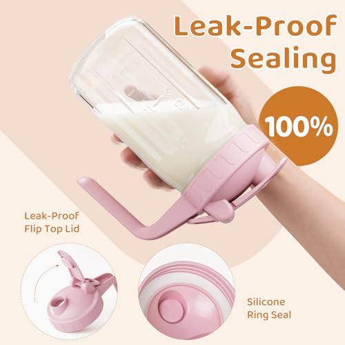 OneDream Breast Milk Pitcher, Mason Jar 32 oz, Heavy Duty Wide Mouth Jar with Pink Flip Cap Lid and Pour Spout, Airtight Seal for Freshness and Convenience, Great for Cold Beverages and Home Entertaining - Image 4