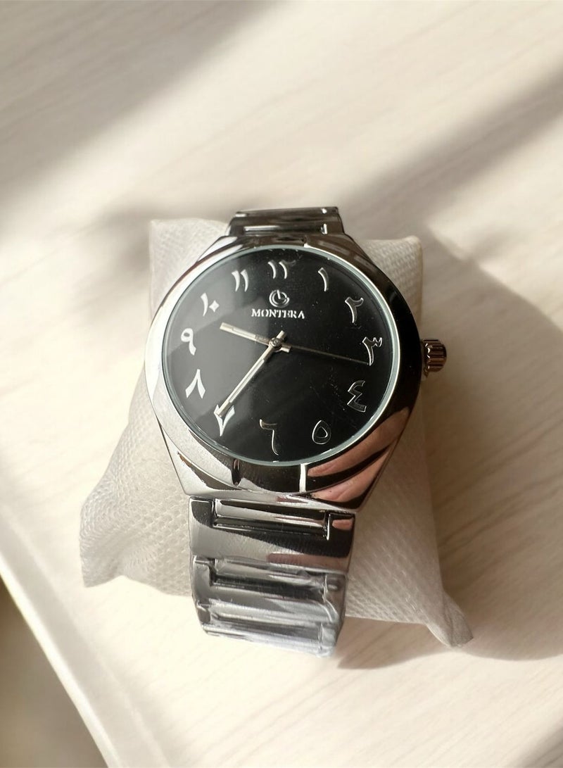 مونتيرا ساعة يد رجالية - وجه أسود مع سوار معدني - Image 1