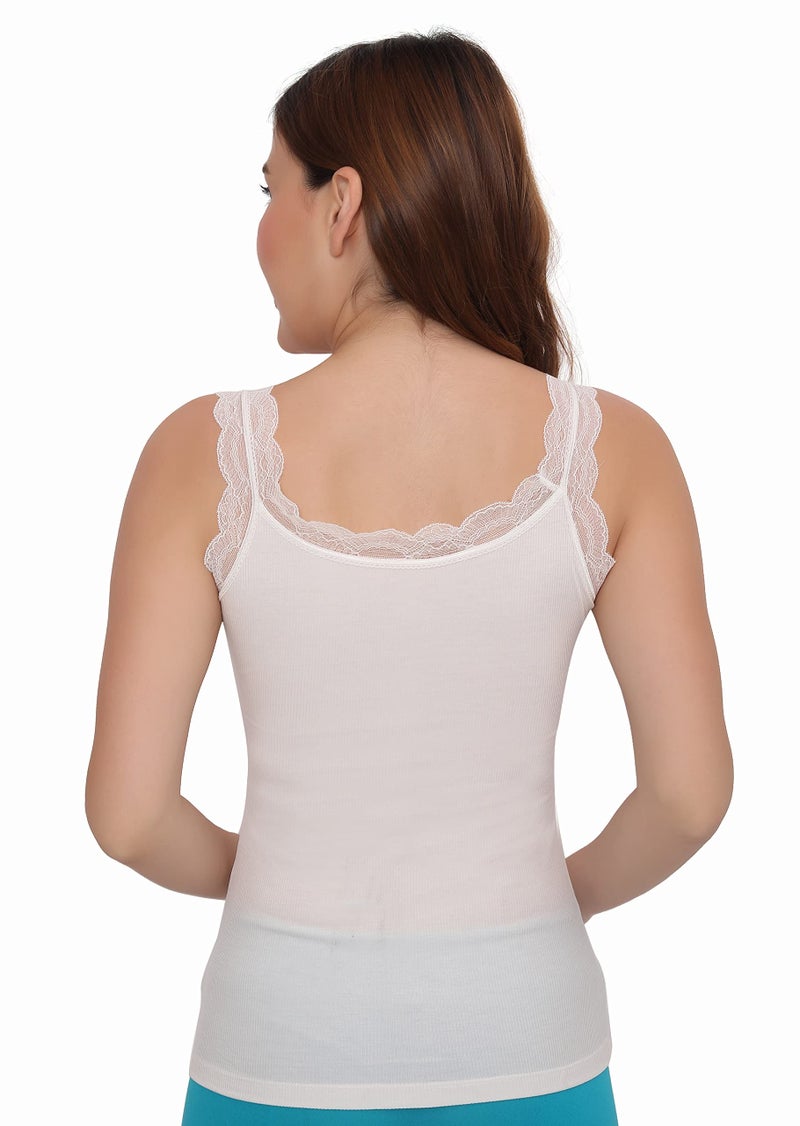PLUMBURY® Women's Padded Seamless Lace Trim Camisole/Inner, Removable Pads, Free Size,White - Image 2