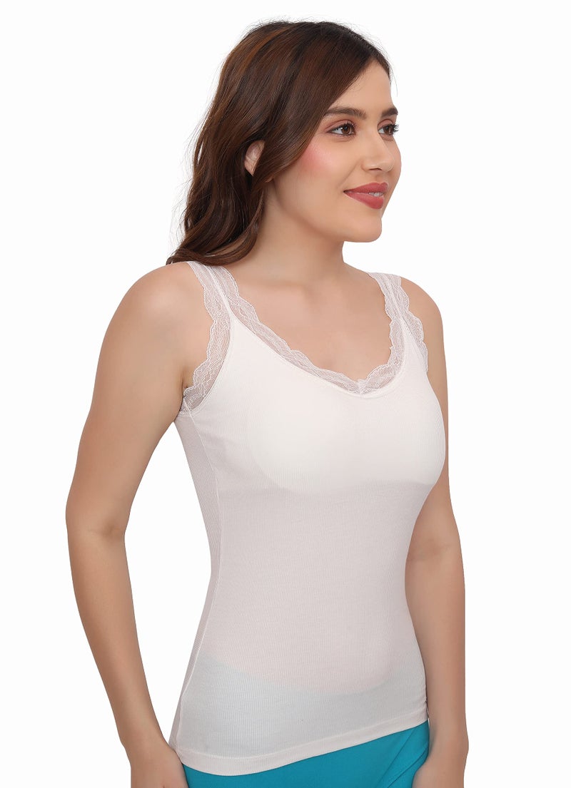 PLUMBURY® Women's Padded Seamless Lace Trim Camisole/Inner, Removable Pads, Free Size,White - Image 4
