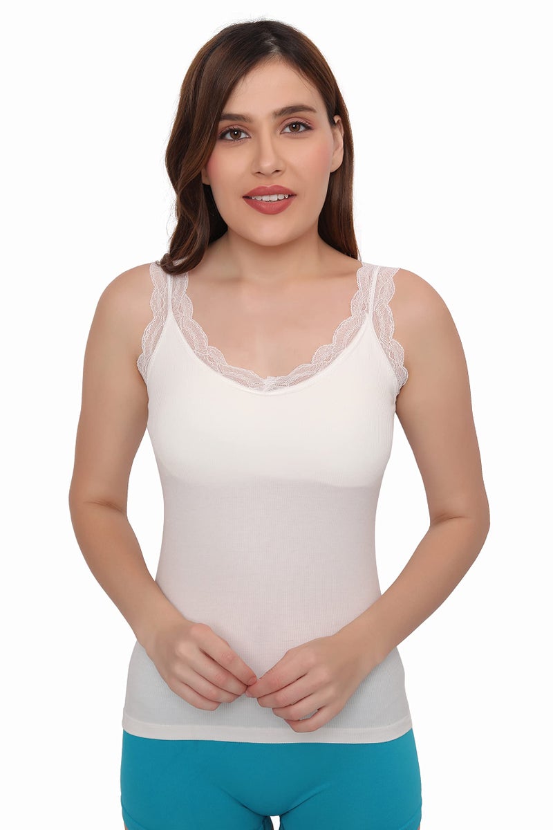 PLUMBURY® Women's Padded Seamless Lace Trim Camisole/Inner, Removable Pads, Free Size,White - Image 5
