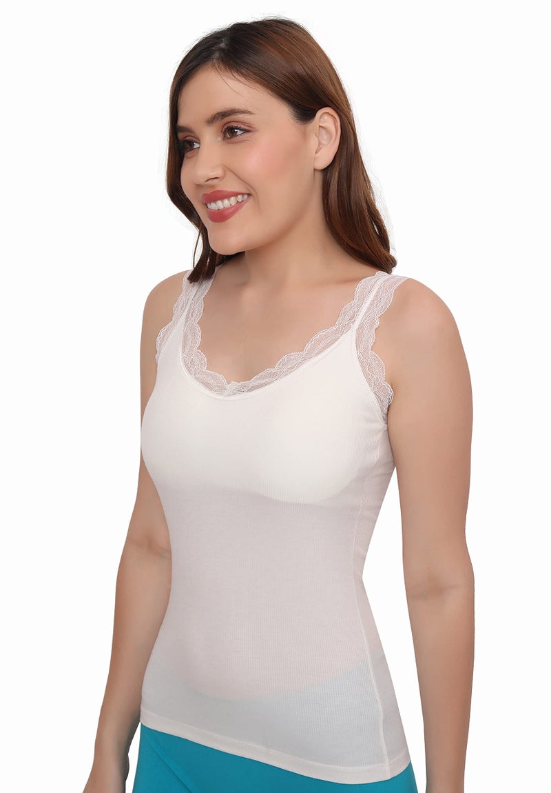 PLUMBURY® Women's Padded Seamless Lace Trim Camisole/Inner, Removable Pads, Free Size,White - Image 3