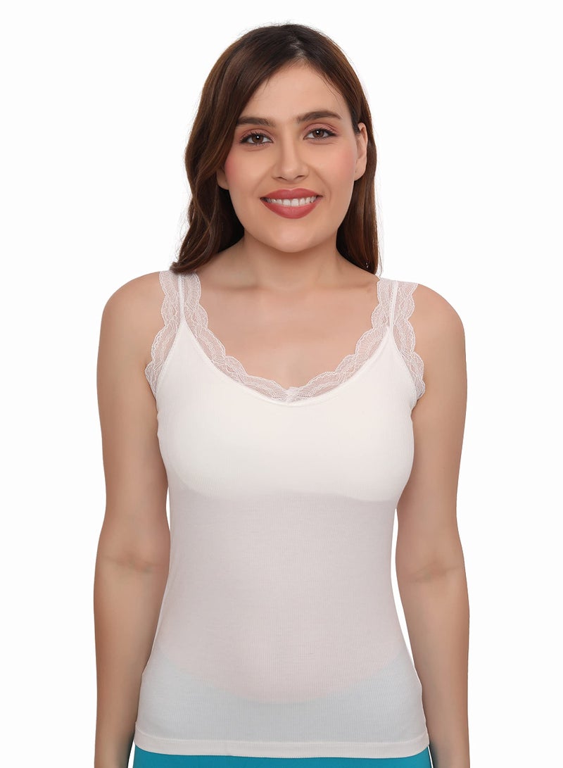 PLUMBURY® Women's Padded Seamless Lace Trim Camisole/Inner, Removable Pads, Free Size,White - Image 1
