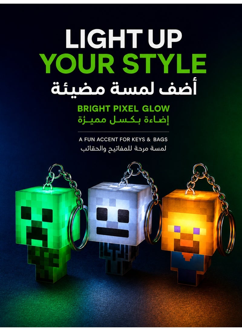 MINECRAFT Light-Up Pixel Character Keychain, 3D Cube LED Key Ring, 5 × 3 × 3 cm Compact Gaming Bag Charm with Metal Ring for Keys, Backpacks and Gamer Gifts, Assorted Design - Image 5