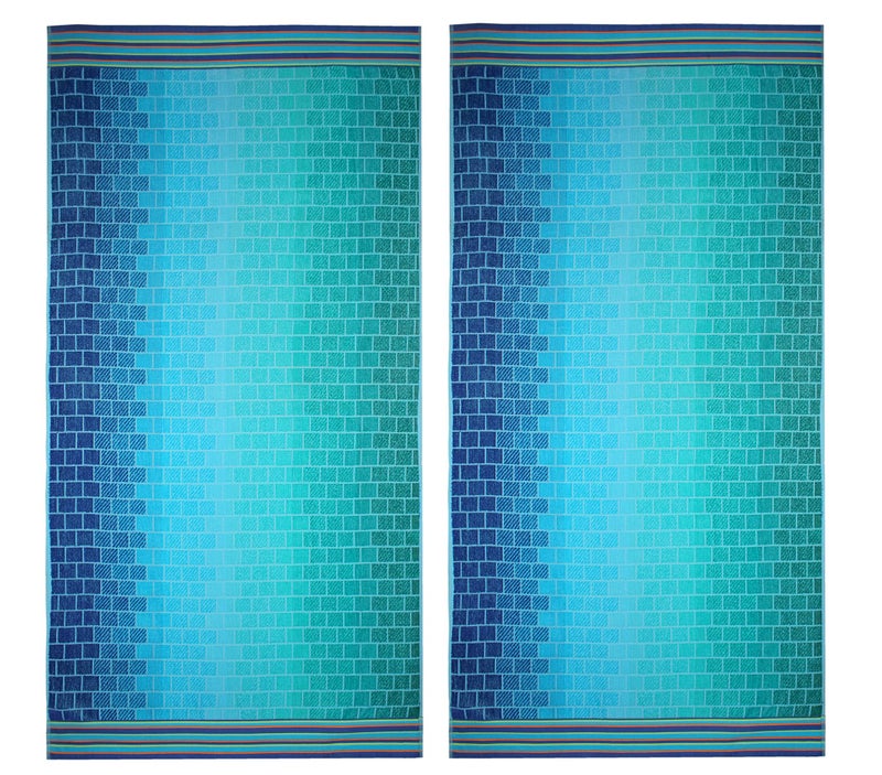COTTON CRAFT Oversized XL Beach Towel 39 x 68-2 Pack - 100% Cotton Velour - Big & Huge - Pool Picnic Bath Towels - Jacquard Terry Thick Plush Super Soft Luxury - 450 GSM - Blue Tiles - Image 1