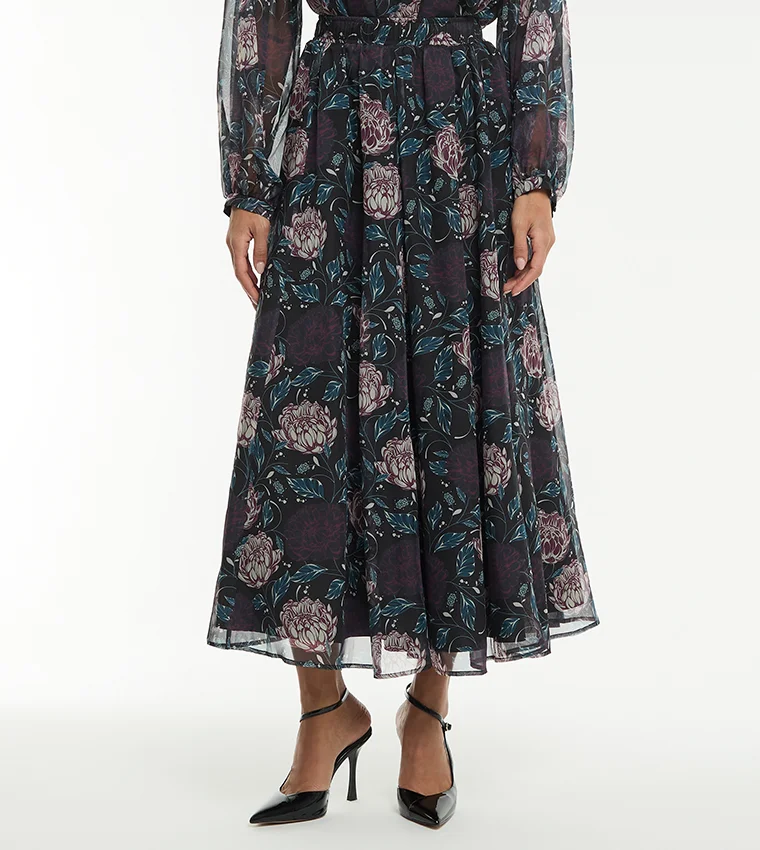 بي سي بي جي BCBG PRINTED SILK BLEND FLARED MIDI SKIRT