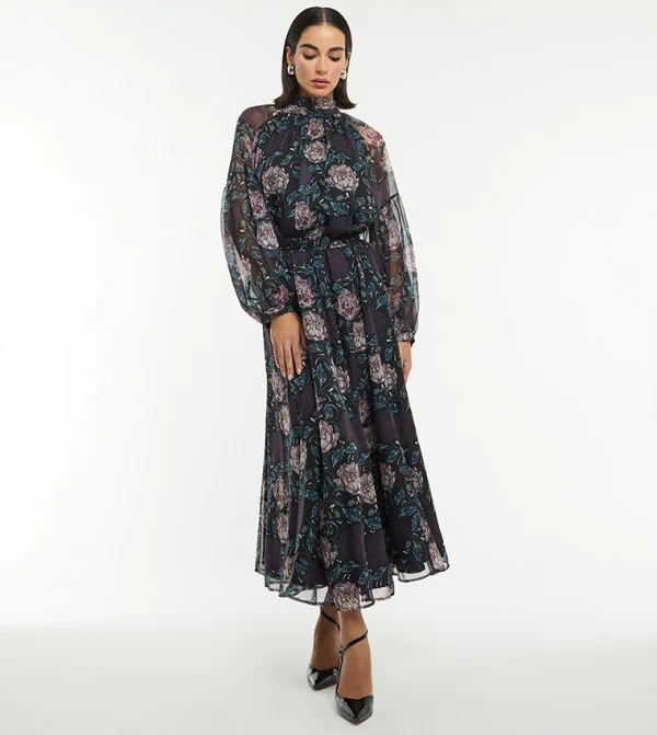 بي سي بي جي BCBG PRINTED SILK BLEND FLARED MIDI SKIRT