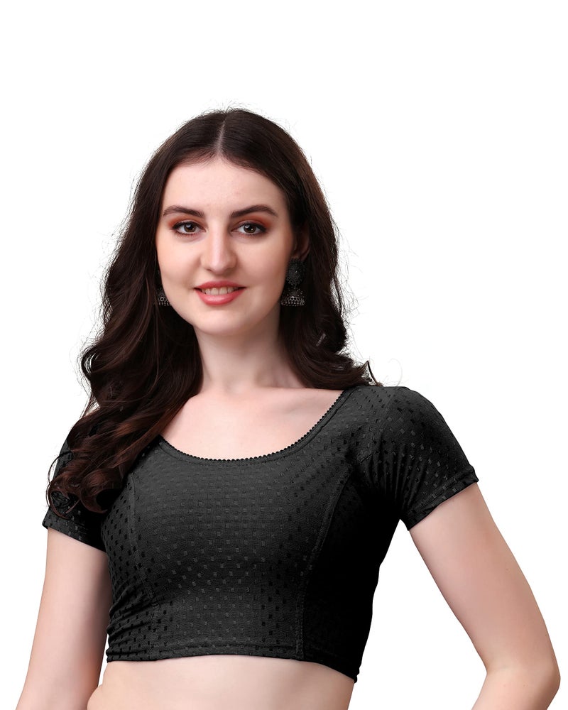 Kipzy Women's Cotton Stretchable Saree Blouse – Round Neck, Short Sleeves, Readymade Slim Fit Blouse for Women 38 Black - Image 2