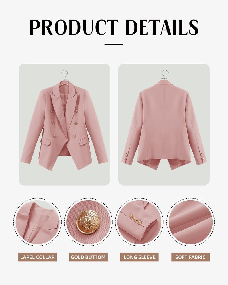 CRAZY GRID Womens Lapel Double Breasted Business Casual Suit Jacket Long Sleeve Dressy Blazer Ladies Work Office Blazer Pink X-Large - Image 5