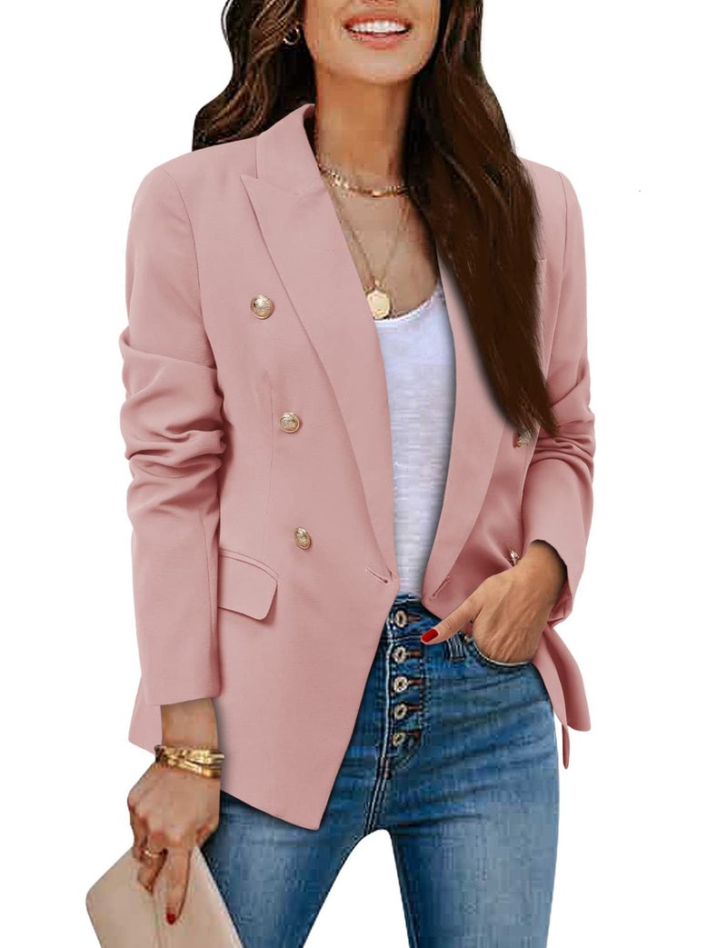 CRAZY GRID Womens Lapel Double Breasted Business Casual Suit Jacket Long Sleeve Dressy Blazer Ladies Work Office Blazer Pink X-Large - Image 3