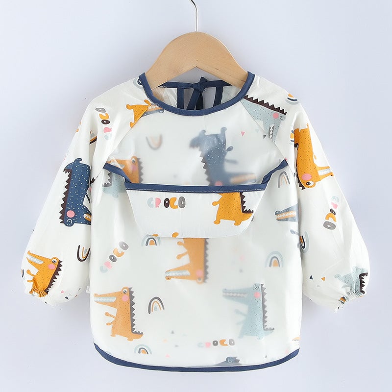 Babys Dining Overalls Waterproof Anti-Dirty Pure Cotton Spring and Autumn Baby Bib Boys and Girls Anti-Wear Clothing Childrens Apron 1314 crocodile White