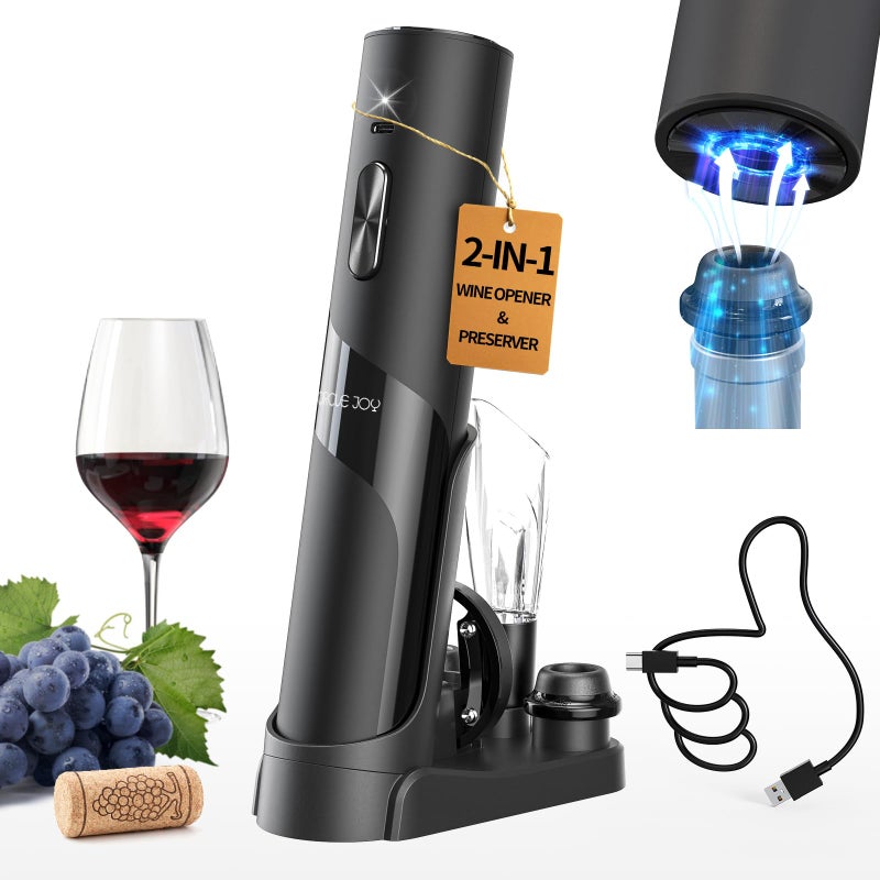 CircleJoy CIRCLE JOY Rechargeable Wine Opener Electric Wine Bottle Opener 7in1 Wine Gift Set with Electric Vacuum Pump Charging Station Foil Cutter Wine Aerator Pourer and 2 Wine Stoppers