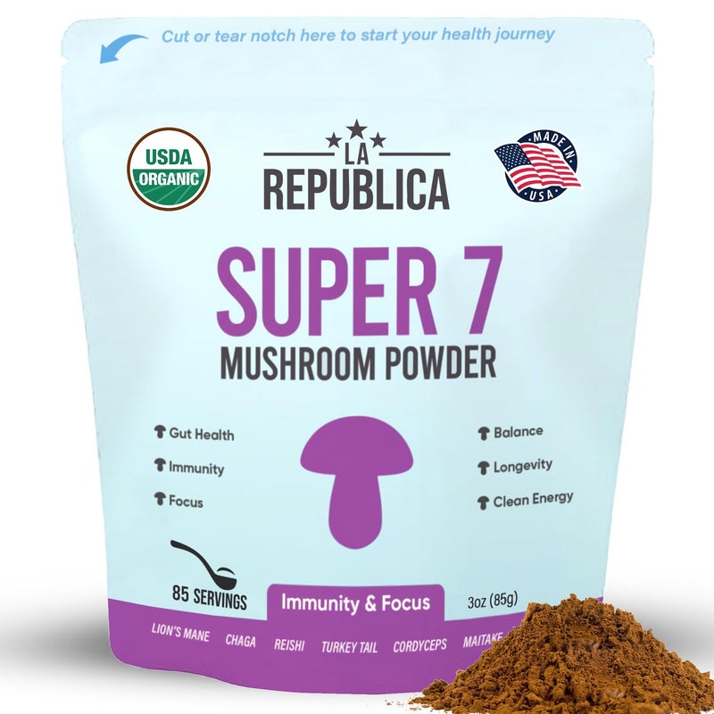 LRLA SUPERFOODS USDA Organic Mushroom Powder Lions Mane Chaga Reishi Cordyceps Maitake Turkey Tail No Fillers 3 oz
