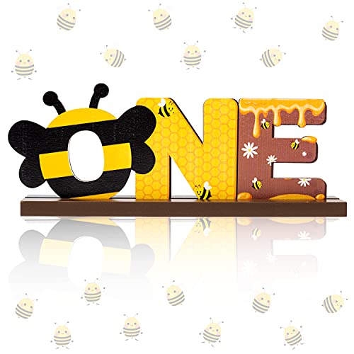 OSNIE Bumble Bee ONE Letter Sign Wooden Table Centerpieces Sweet Bee Party Decor for Baby Boys Girls Summer Honey Theme 1st Birthday Milestone Baby Shower Cake Smash Photo Props for One Year Old - Image 1