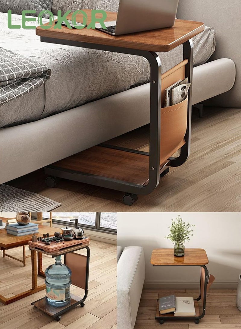 LEOKOR C Shaped Side Table, Pulley Coffee Desk Table, Multifunctional Mobile End Table with Storage Bag and Wheels, Side Small Table Desk for Living Room, Bedroom, Office - Image 3