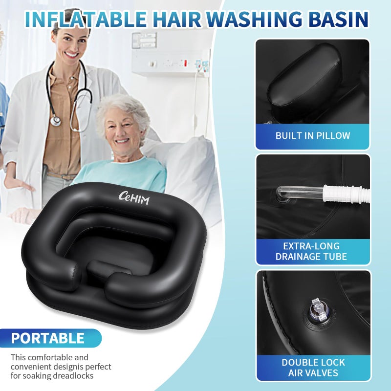 Cehim Inflatable Shampoo Basin - Portable Shampoo Bowl, Hair Washing Basin for Bedridden, Disabled,Injured, Hair Wash Tub for Dreadlocks and at Home Sink Washing (Black, 15in Inner) - Image 2