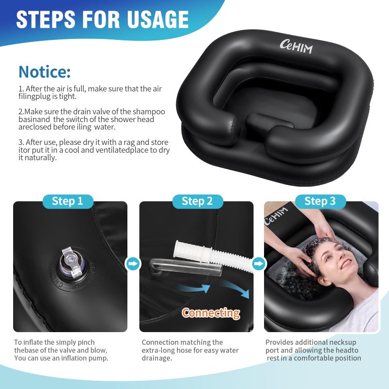 Cehim Inflatable Shampoo Basin - Portable Shampoo Bowl, Hair Washing Basin for Bedridden, Disabled,Injured, Hair Wash Tub for Dreadlocks and at Home Sink Washing (Black, 15in Inner) - Image 4