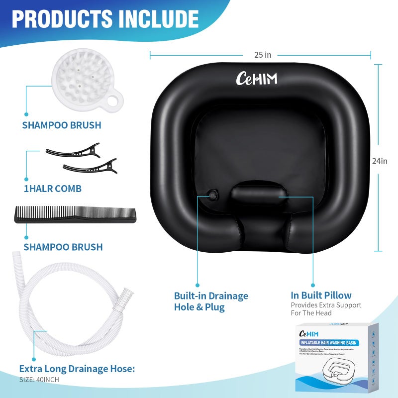 Cehim Inflatable Shampoo Basin - Portable Shampoo Bowl, Hair Washing Basin for Bedridden, Disabled,Injured, Hair Wash Tub for Dreadlocks and at Home Sink Washing (Black, 15in Inner) - Image 3