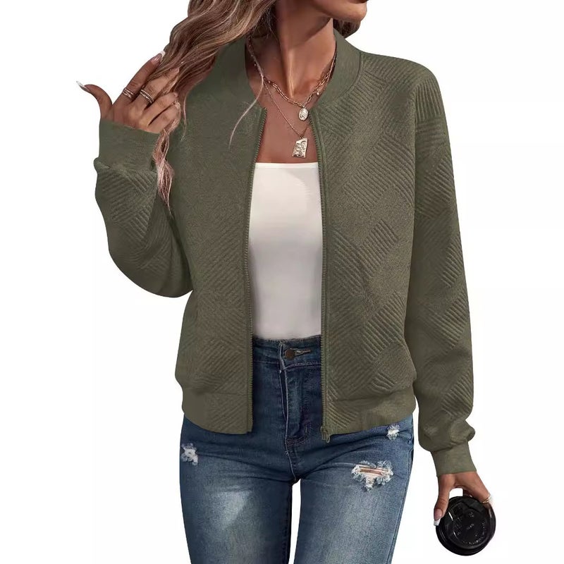 Amazon European and American Cross-border Export 2024 Autumn and Winter New Pure Color Zipper Jacket Baseball Collar Casual Long-sleeved Jacket Army green 
