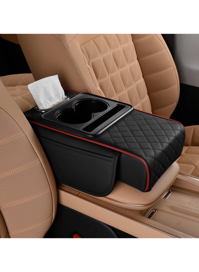 Car Center Console Cover, Leather Armrest Cover for Car, Universal Middle Console Cushion with Storage Box, Cup Holder, Tissue Box & Phone Slot, Waterproof Interior Accessories, Black Red - Image 1