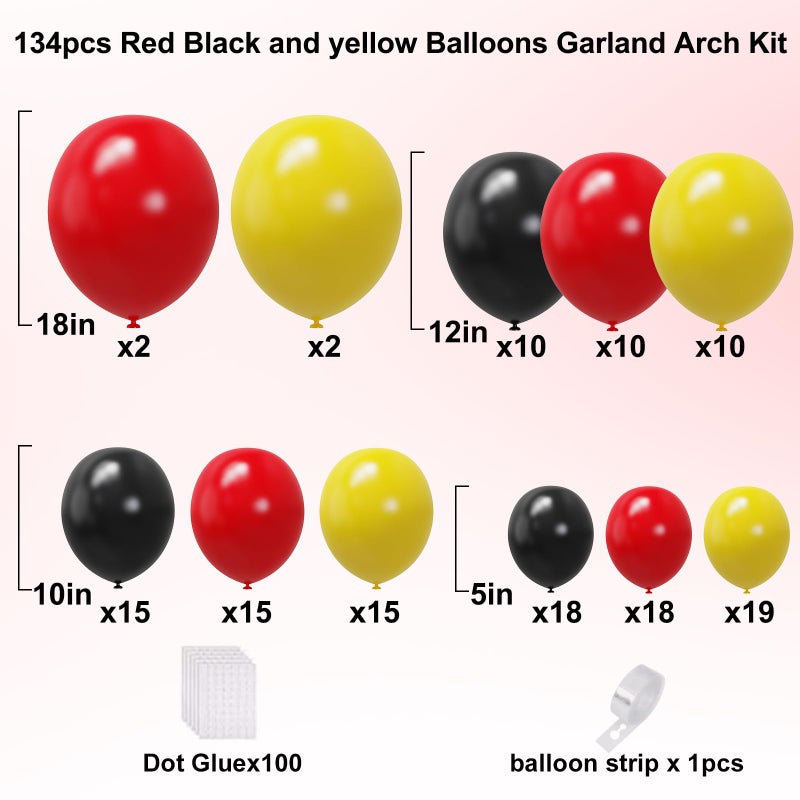 YMSZ Red Black Yellow Balloons Arch Kit, 134Pcs Red and Yellow Latex Balloons for Birthday, Baby Shower, Graduation Party Decorations - Image 3